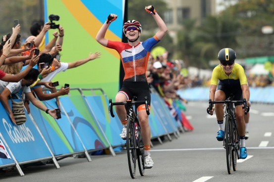 RIO DE JANEIRO, BRAZIL - AUGUST 07:  Anna van der Breggen of the Netherlands celebrates after winning the Women's Road Race on Day 2 of the Rio 2016 Olympic Games at Fort Copacabana on August 7, 2016 in Rio de Janeiro, Brazil.  (Photo by Patrick Smith/Getty Images)